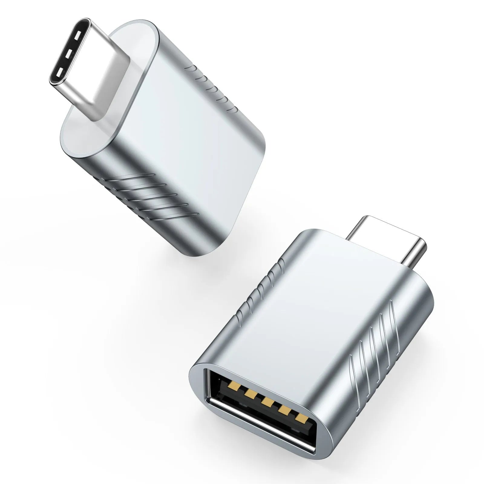 USB converter adapter with zinc alloy shell in various colours including silver, gold, and pink.