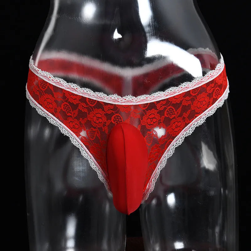 Men's lace underwear with vertical pouch design in low waist style