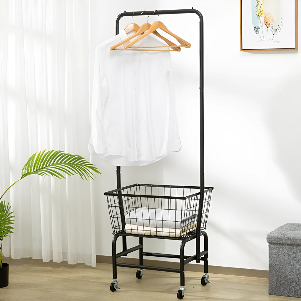 White iron pulley storage car with a single rod for hanging clothes hangers on a track.