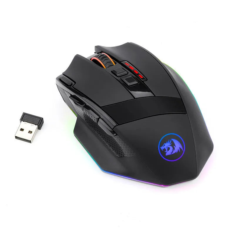 Redragon M801P black gaming mouse showing dual mode connectivity and nine programmable buttons