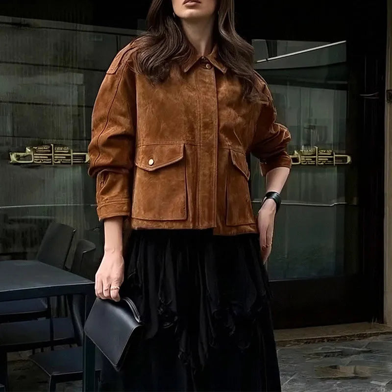 Women's bright brown polyester suede coat with regular sleeves on hanger