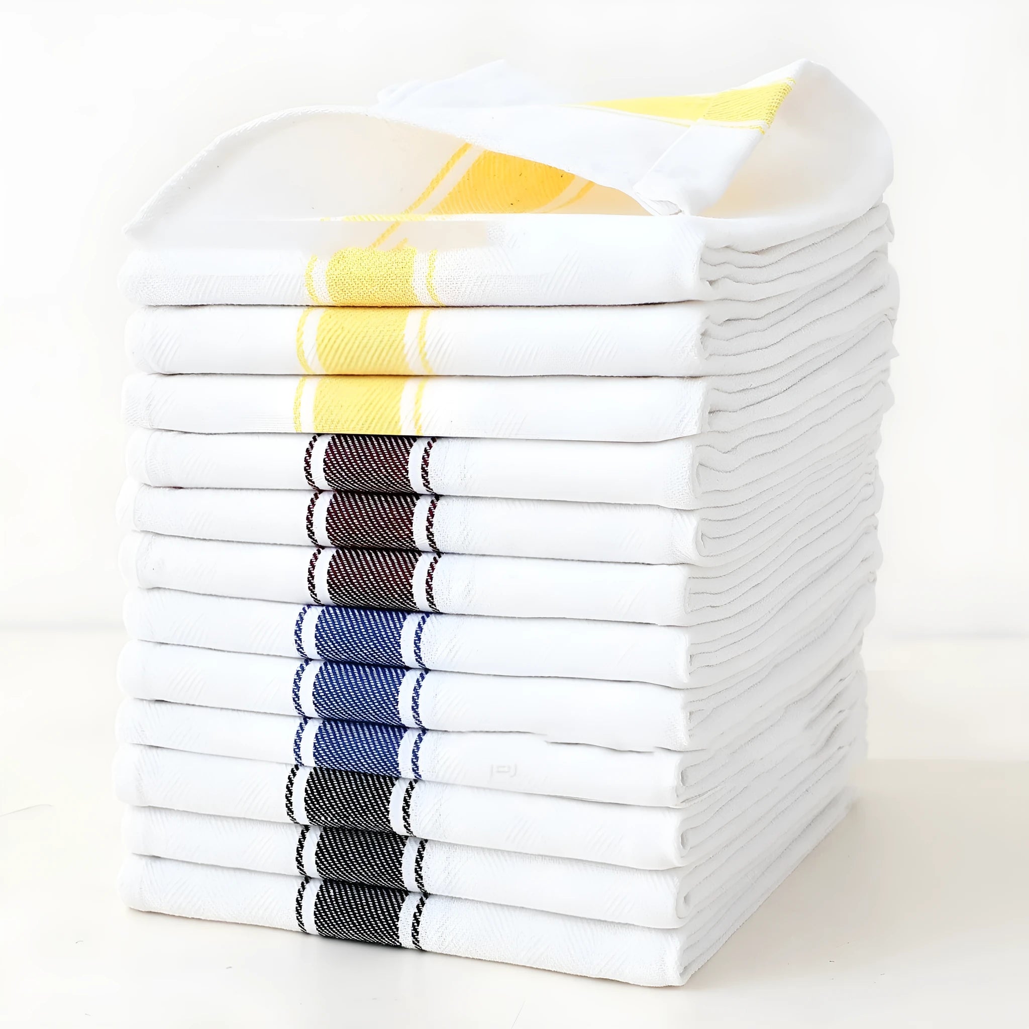 A stack of striped polyester-cotton dish towels in various colours, showing their 48x70cm size.