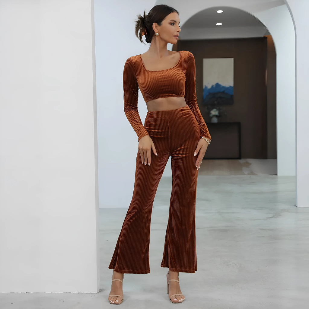 Caramel coloured women's long sleeve sweater and jogger lounge set laid flat.