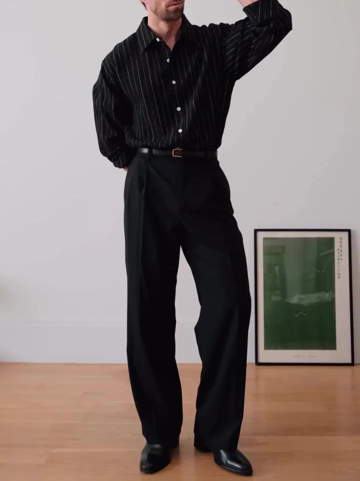 Men's black pinstripe button-down shirt with regular fit and long sleeves