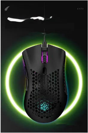 Wireless gaming mouse with hollow-out shell showing RGB lighting through openings