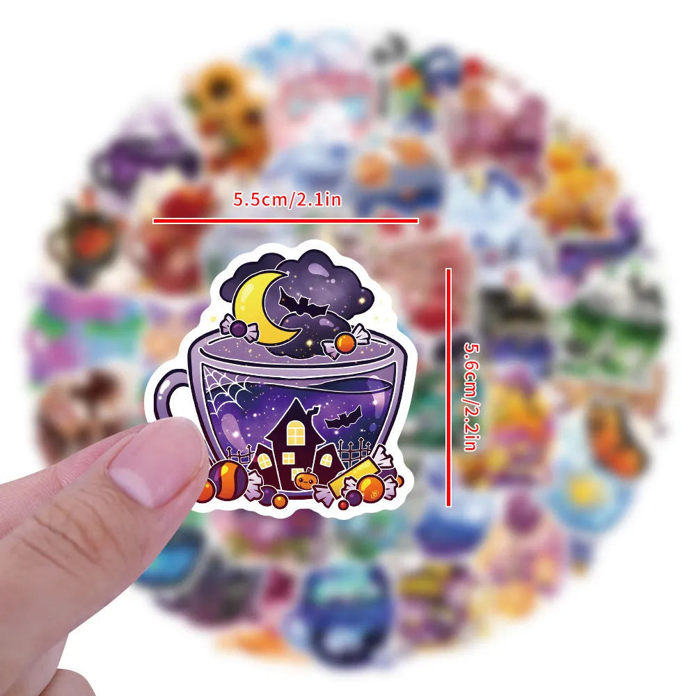 Set of 50 colourful tea cup graffiti waterproof stickers for scooter and luggage DIY decoration.