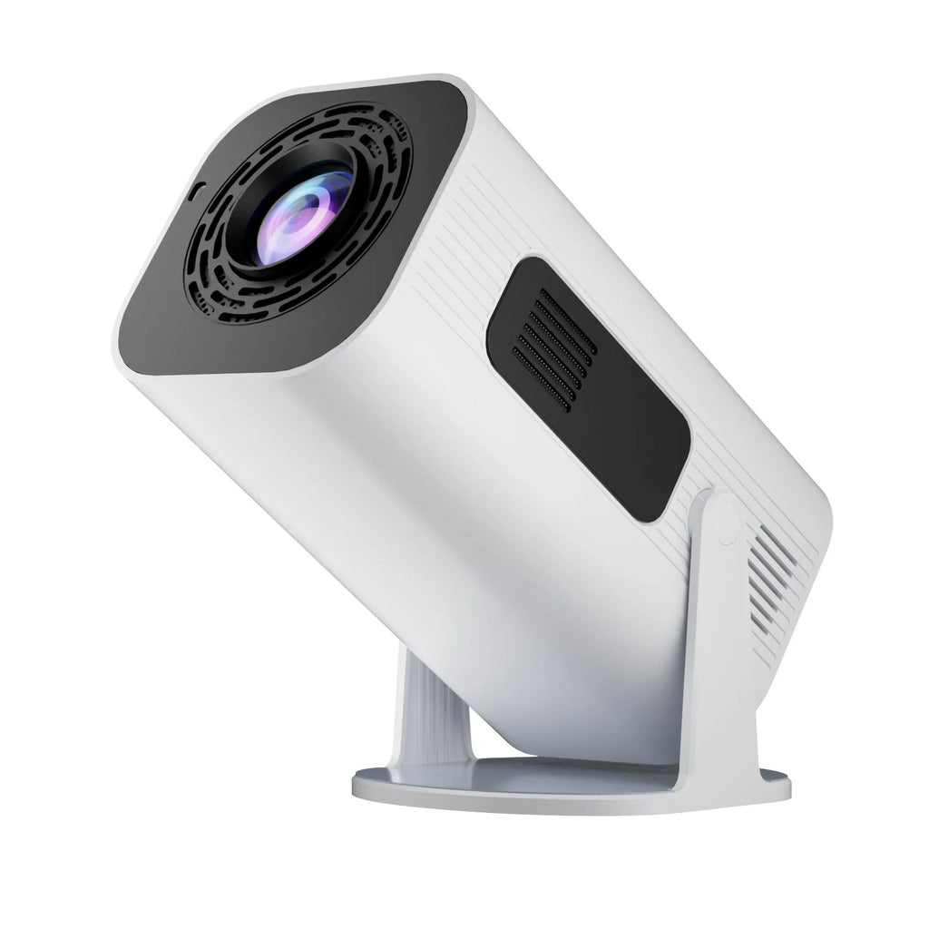 Black P330 portable mini projector with remote control on table displaying HD projection