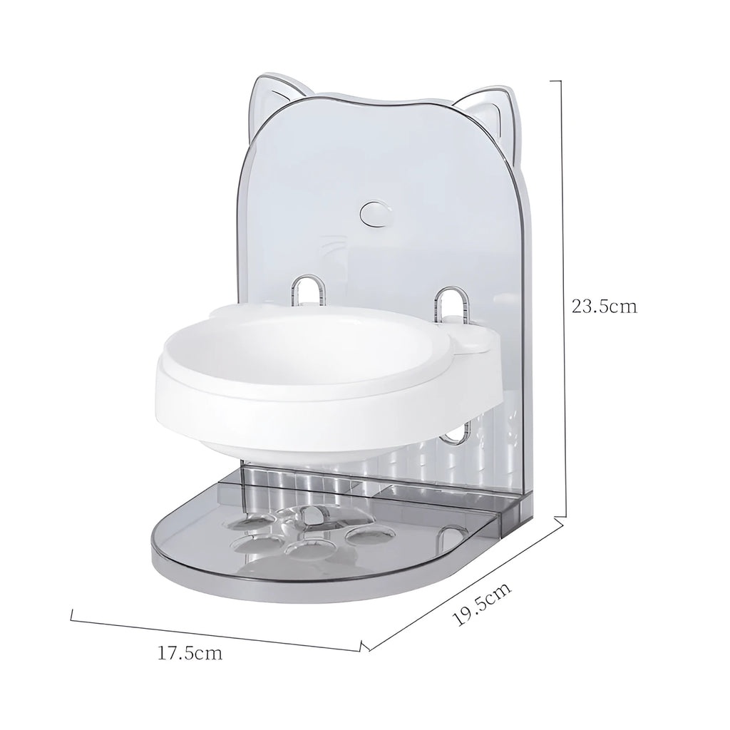 Grey pet bowl with cat ear sides, shown with adjustable height stand and removable cage attachment.