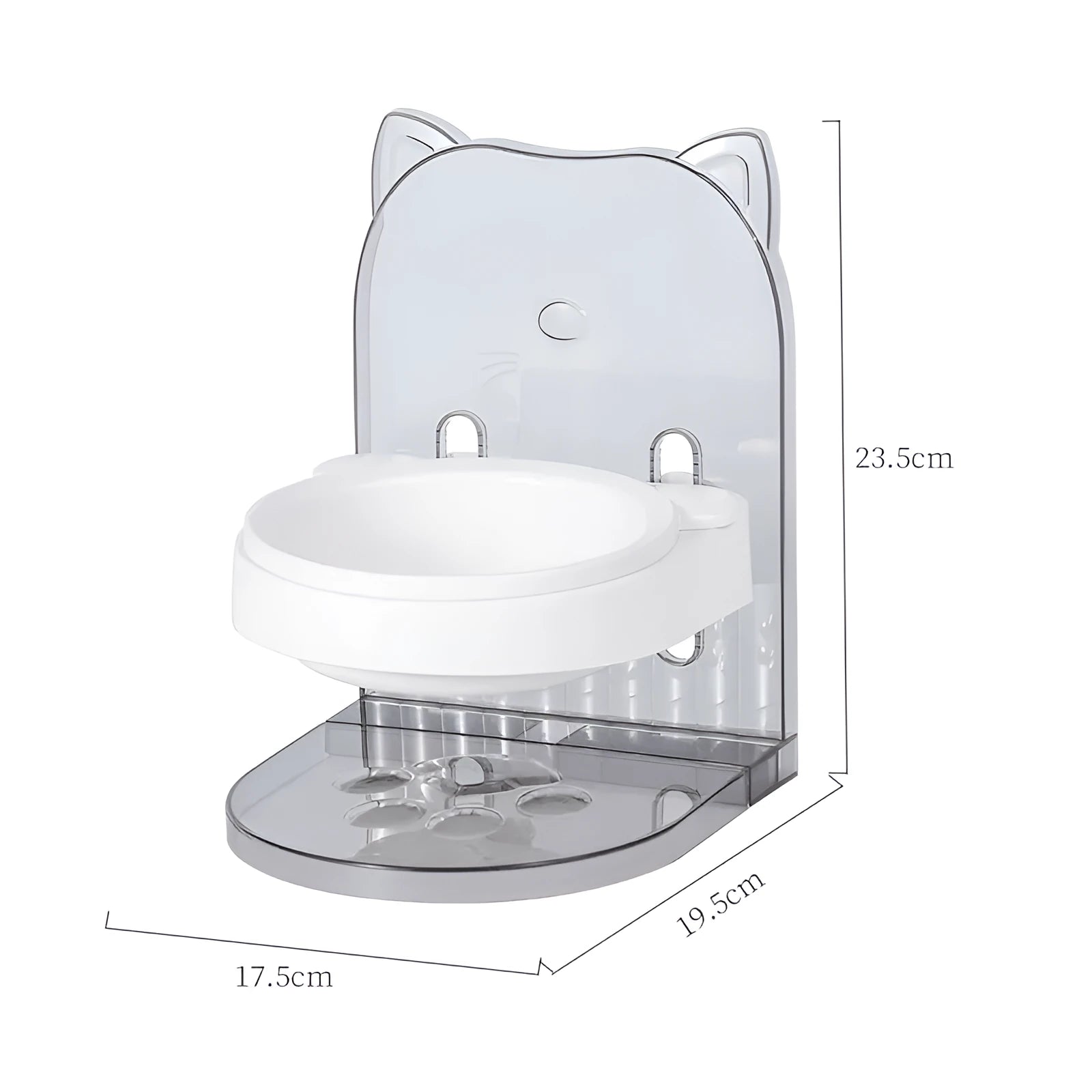 Grey pet bowl with cat ear sides, shown with adjustable height stand and removable cage attachment.