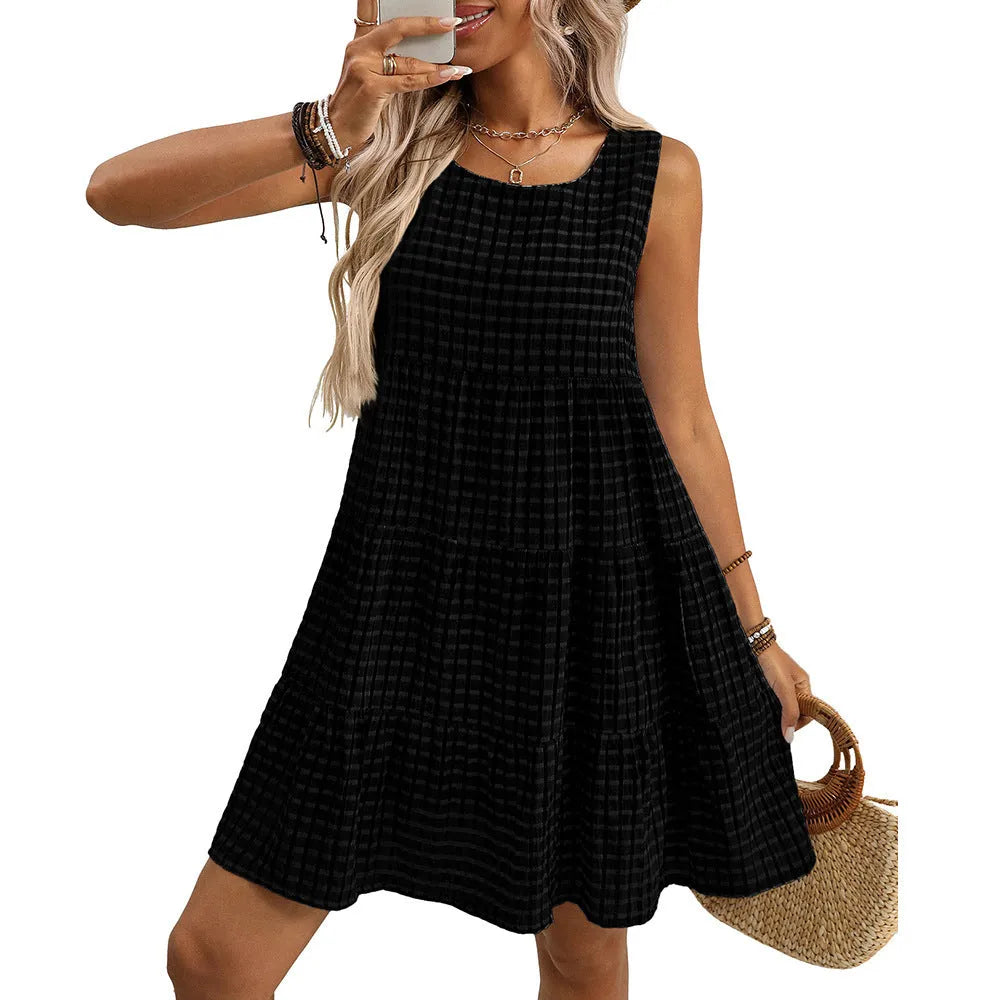 Women's loose sleeveless plaid dress with lining and swing skirt in light blue