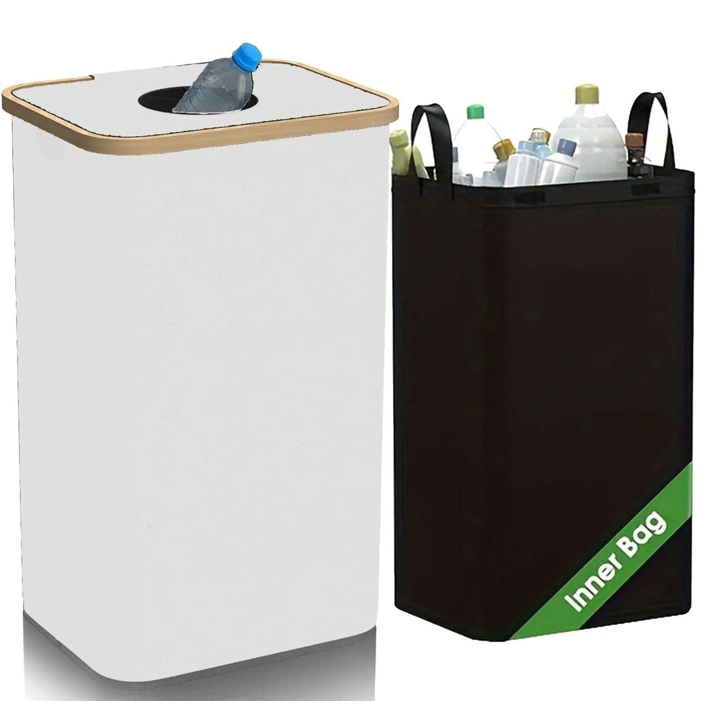 Black bamboo storage basket with a removable lid and visible inner pockets.