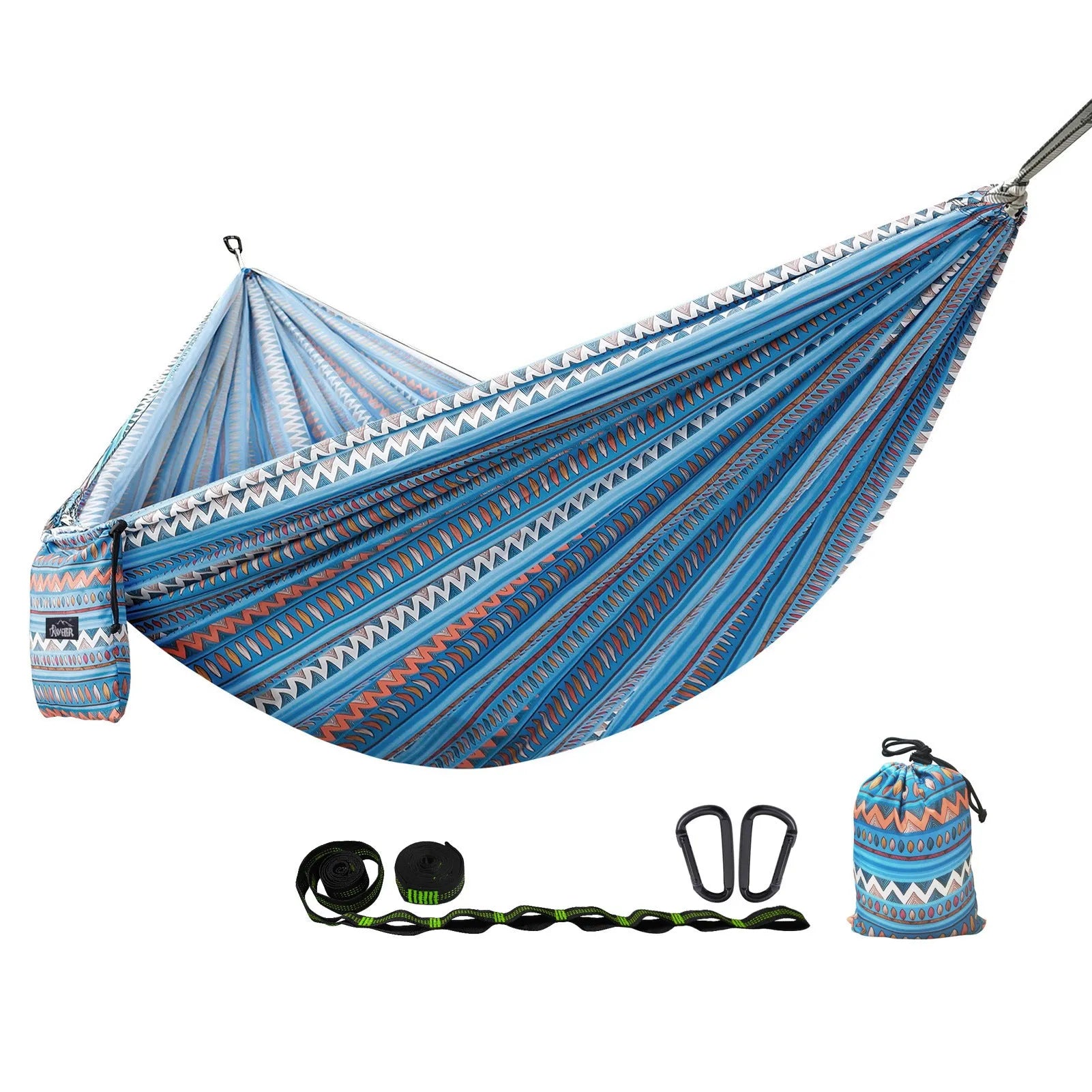 Outdoor parachute cloth hammock in bohemian yellow print, laid flat on grass, 260x140cm size