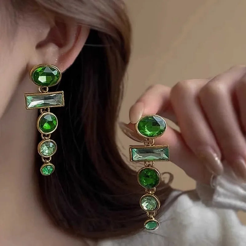 Green geometric tassel earrings with zircon inlaid design and Chinese-style aesthetic