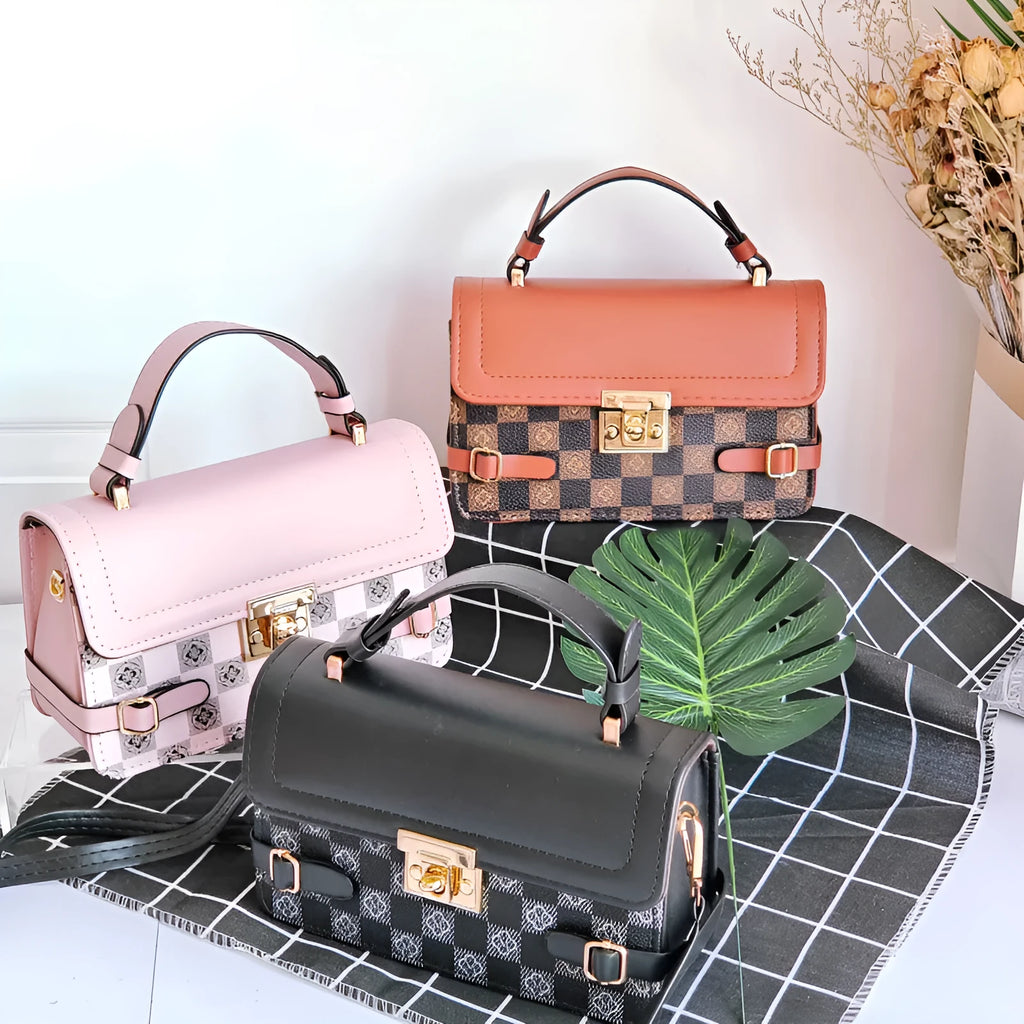 Retro square crossbody bag with ethnic floral stitch patterns and horizontal suitcase shape