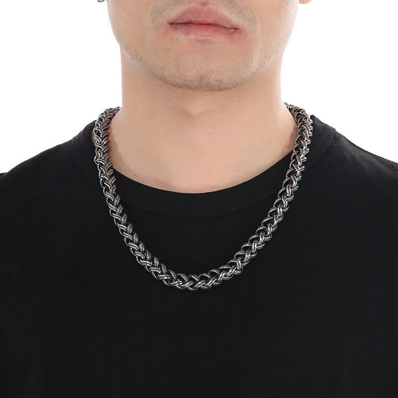 Men's antique silver titanium steel keel chain necklace with geometric twist design
