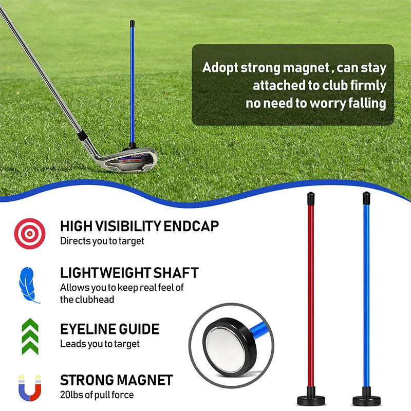 Red and blue aluminium alloy golf swing trainer with magnetic alignment bar.