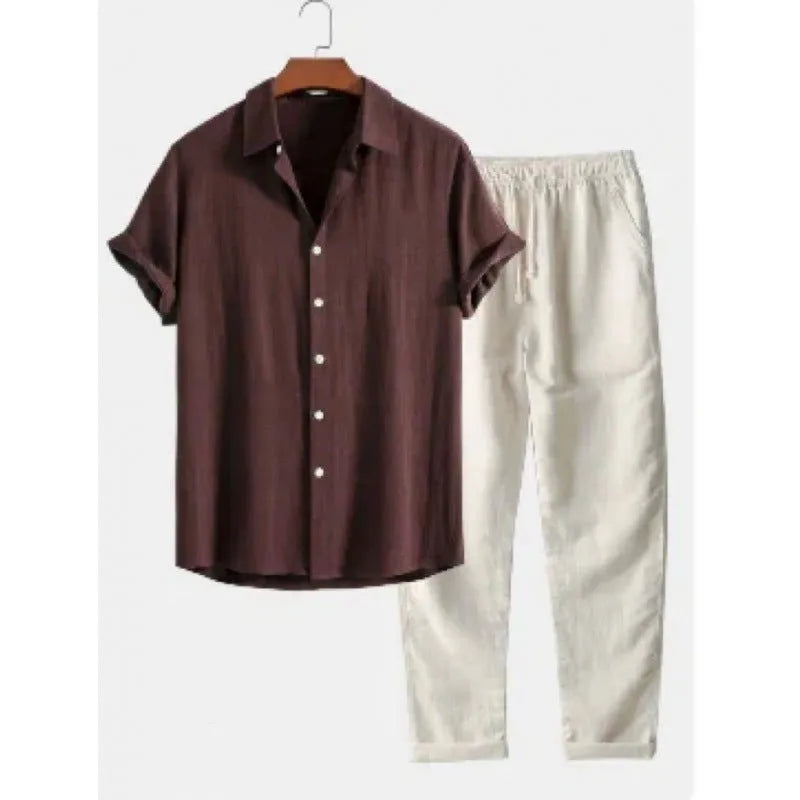 Men's loose fit linen blend short sleeve shirt and trousers casual suit set on a hanger.