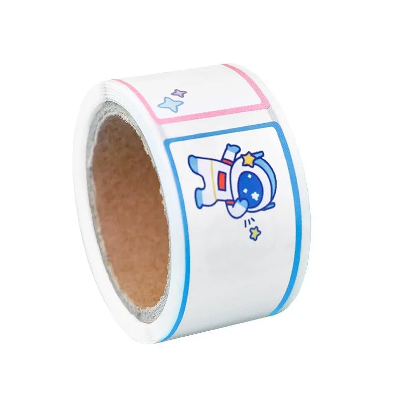 Roll of cartoon adhesive name tape stickers showing Dinosaur, Astronaut, Rabbit, and Girl designs.