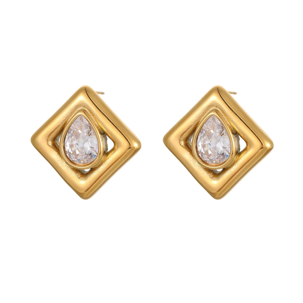 Gold geometric stud earrings with inlaid water drop zircon on white background.