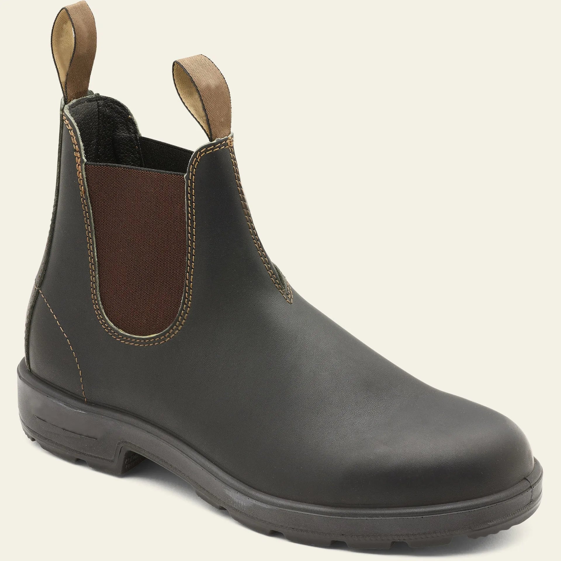 Vintage-style unisex Chelsea boot in frosted brown PU with car suture detail and a low horseshoe heel.