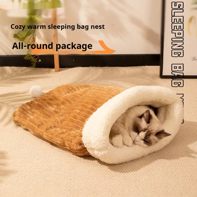 Blue rabbit design and pink trojan design cat sleeping bag nests, each measuring 50cm by 40cm