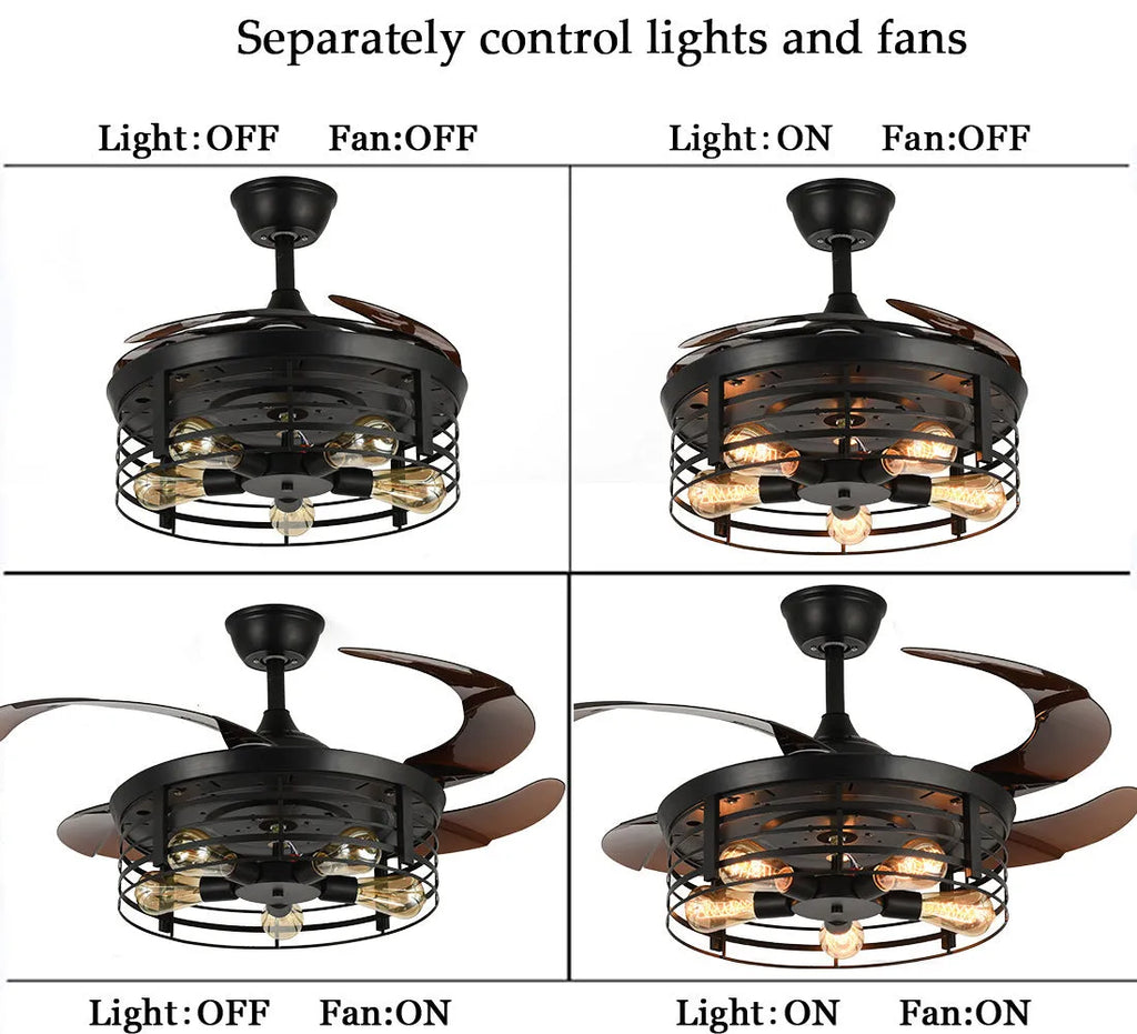 Industrial ceiling fan lamp with invisible blades and integrated light, American retro style