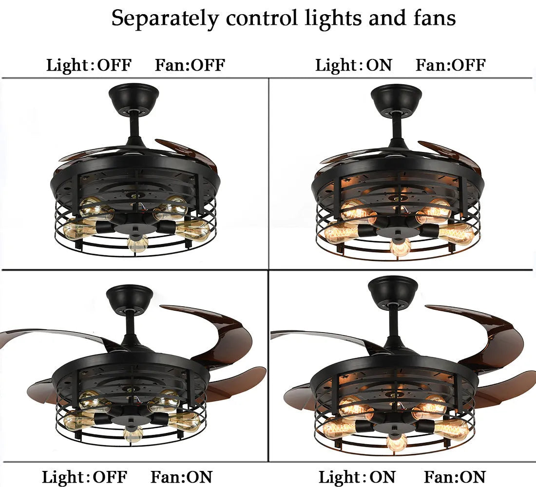 Industrial ceiling fan lamp with invisible blades and integrated light, American retro style