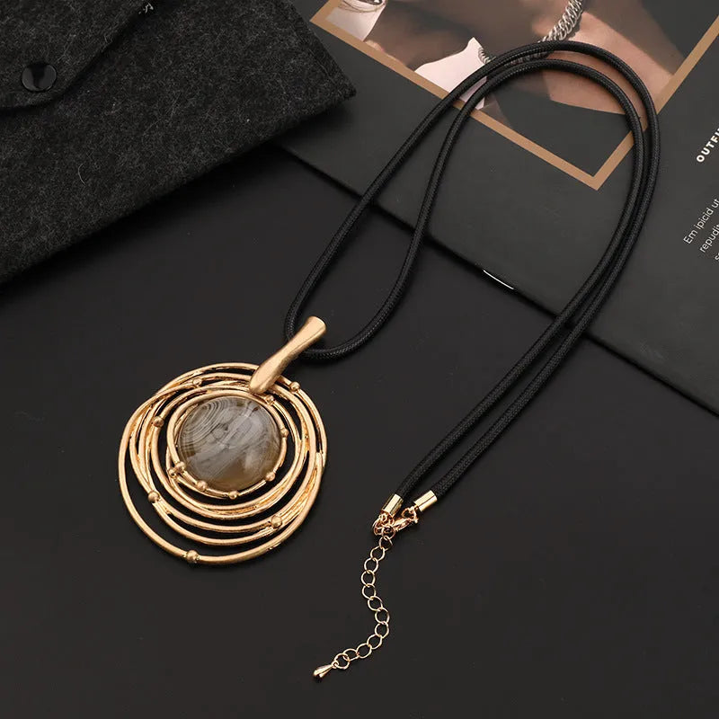 Vintage gold geometric plaid pendant necklace on adjustable snakeskin wax rope chain