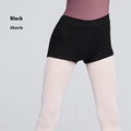 Black cotton ballet dance shorts for women, laid flat showing solid colour and stretch fit.