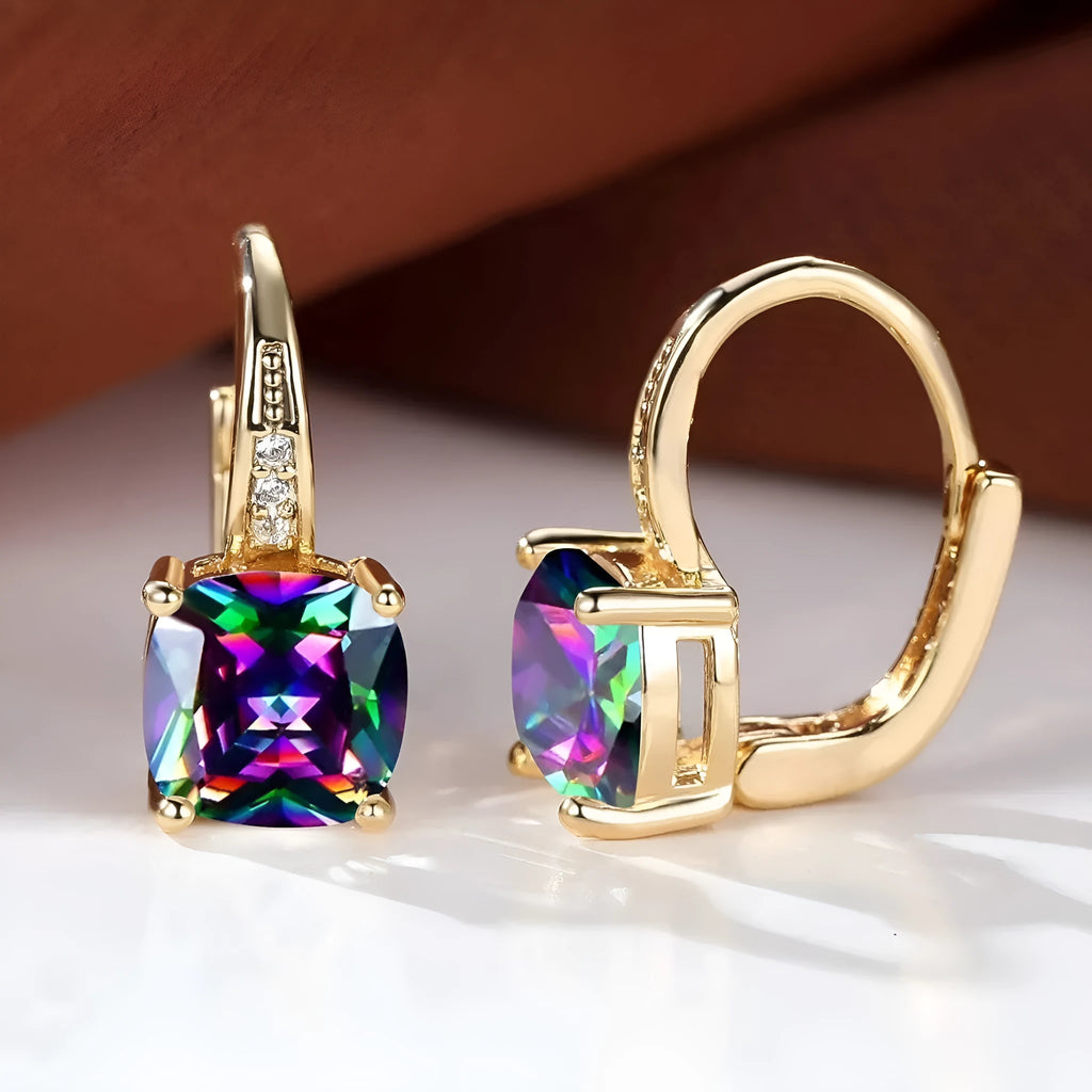 Square geometric ear clip earrings with colourful moissanite inlay on gold electroplated finish