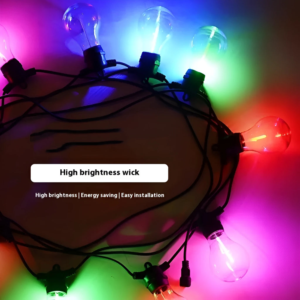 Waterproof outdoor string lights with 10 transparent meteor bulbs on 5 metre cable