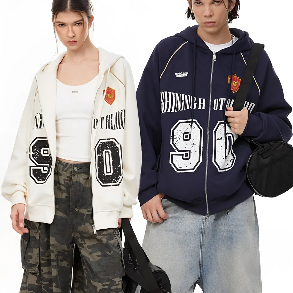 Women's American retro style loose jacket with letter embroidery in cotton blend fabric