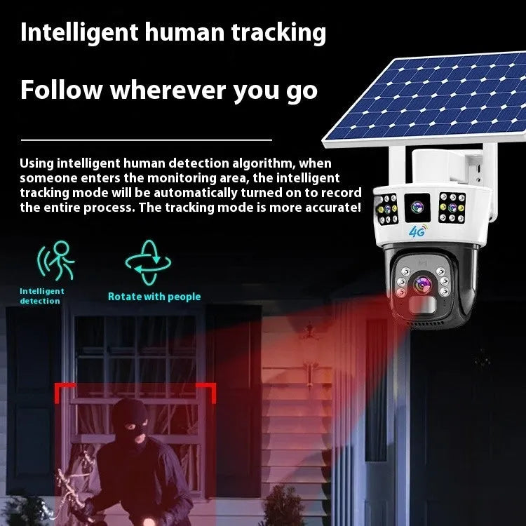 Solar-powered binocular surveillance camera for 4G or WiFi remote monitoring