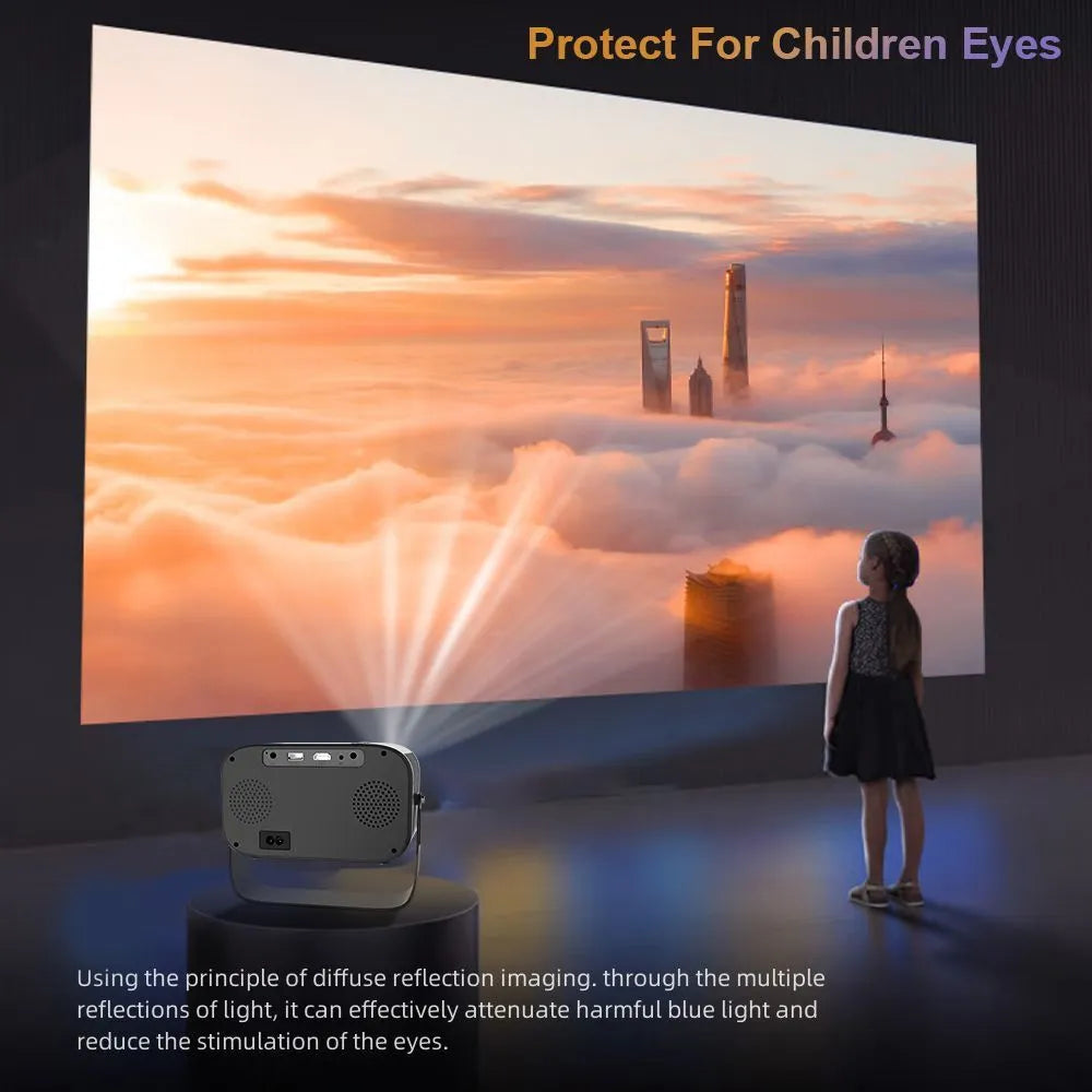 Black Android smart portable HD projector with remote control on table