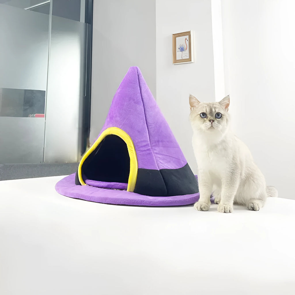 Purple Halloween witch hat shaped cat bed for pets measuring 60cm by 45cm