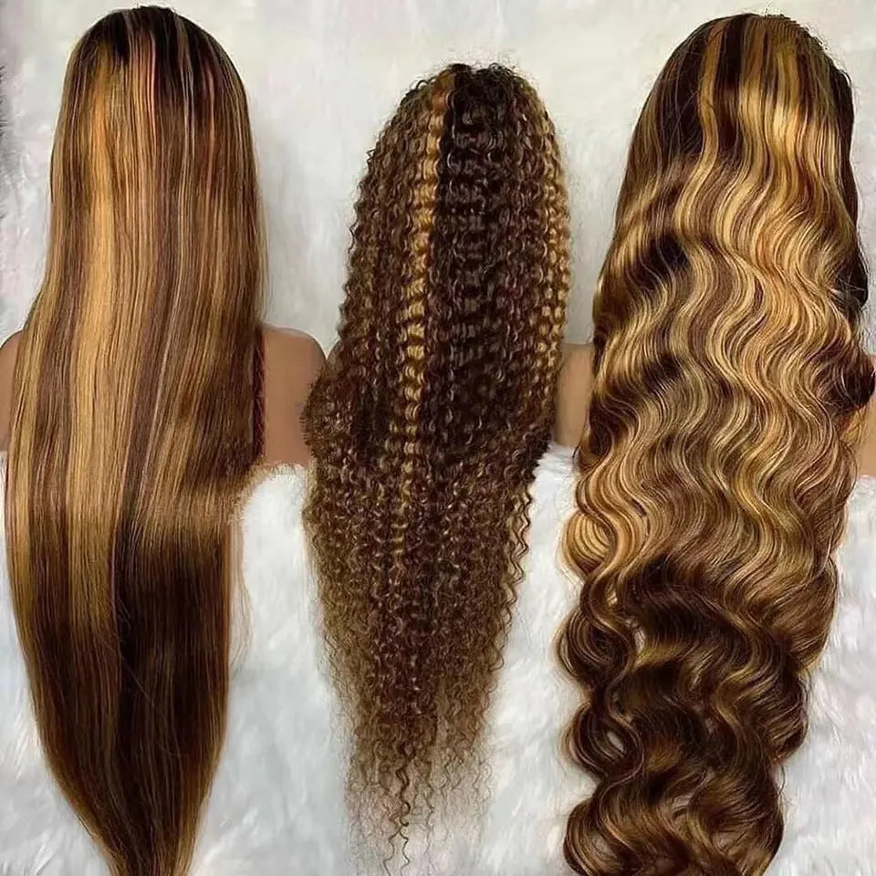 Front lace wig with long black gradient curly hair and side fringe, shown in big wave style.