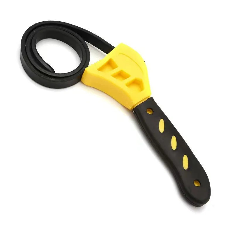 Two adjustable rubber strap wrenches, a 6-inch and an 8-inch model, for gripping oil filters and plumbing fixtures.