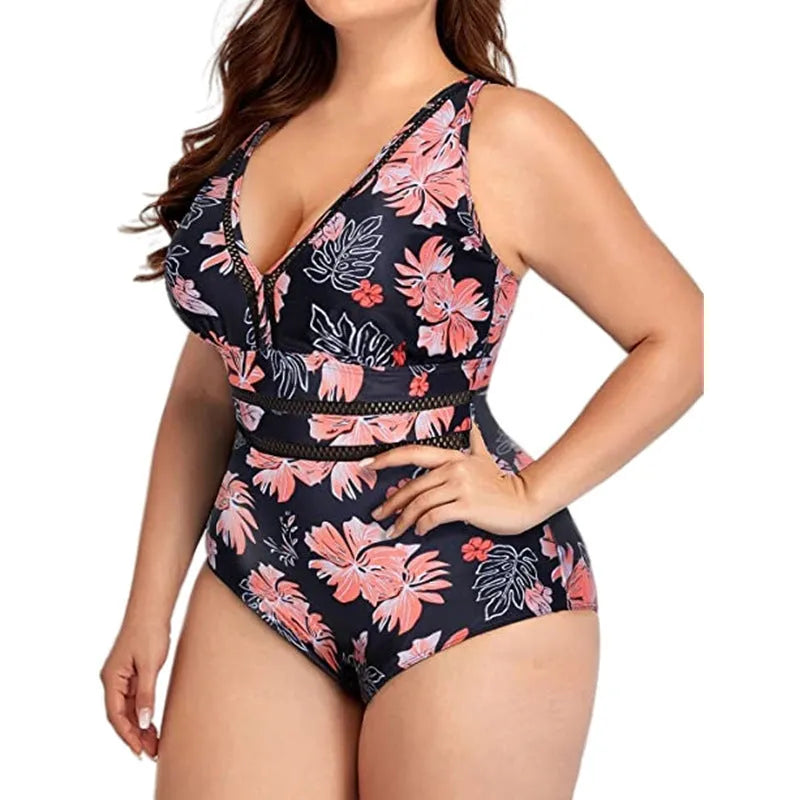 Black printed plus size women's bikini swimsuit with mesh fabric