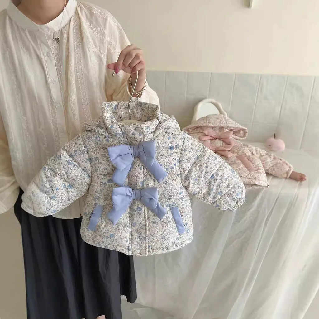 Baby girls winter floral print hooded jacket in blue and white porcelain blue with bow detail, zip-up front