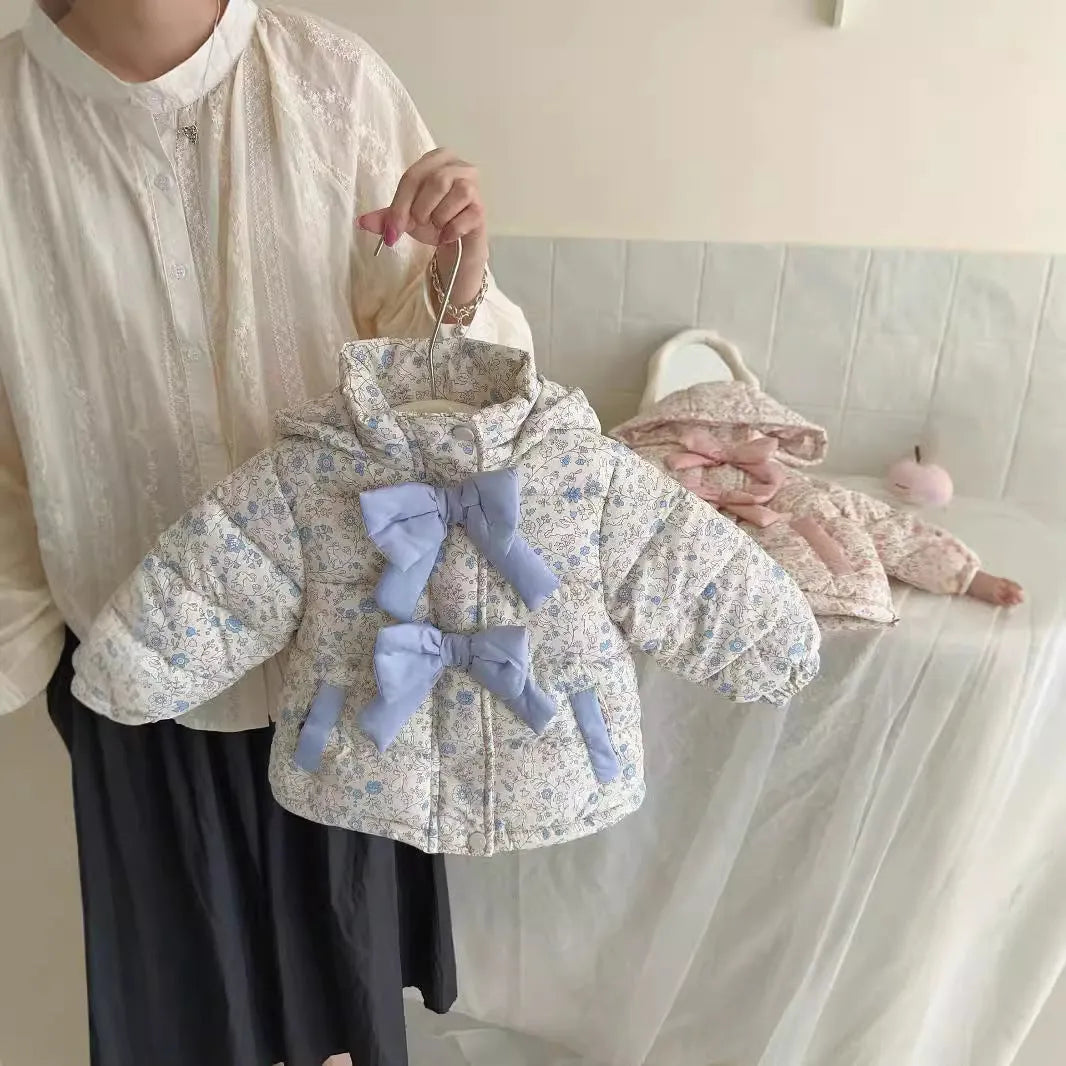 Baby girls winter floral print hooded jacket in blue and white porcelain blue with bow detail, zip-up front