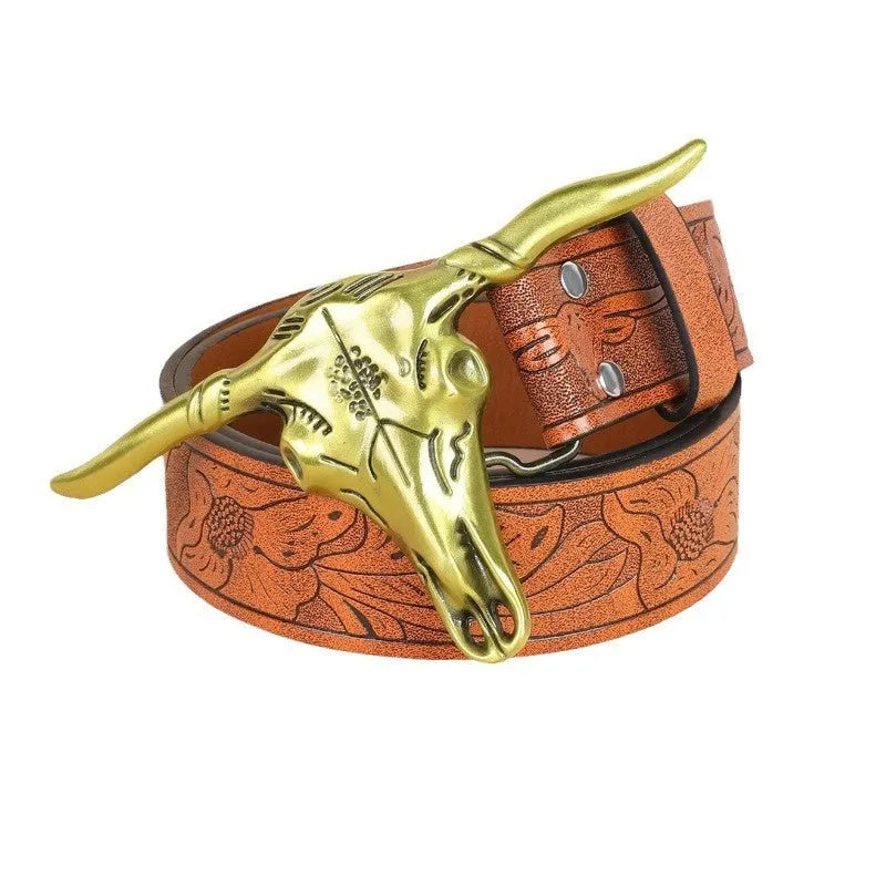 Men's black imitation leather belt with a detailed silver alloy cow head buckle and pin fastening.