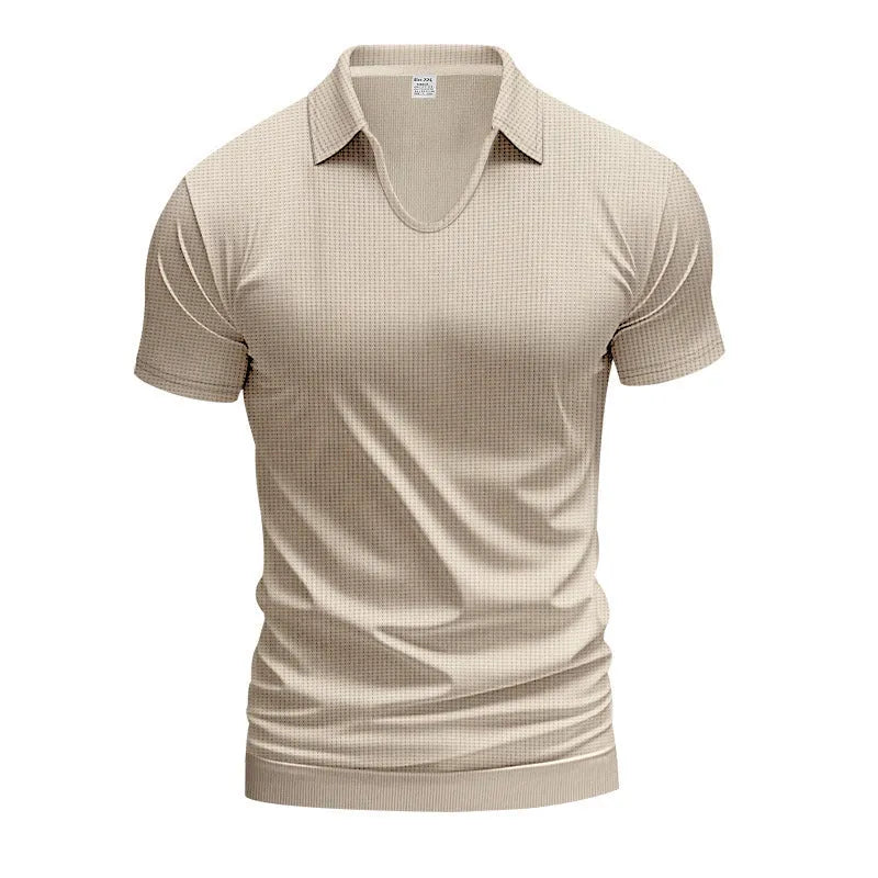 Men's loose fit V-neck short sleeve T-shirt in a light blue cotton blend fabric
