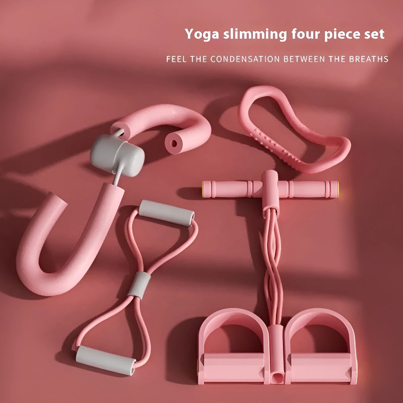 Yoga four-piece fitness set showing leg stretching device, yoga ring, pedal expander and figure eight tension rope