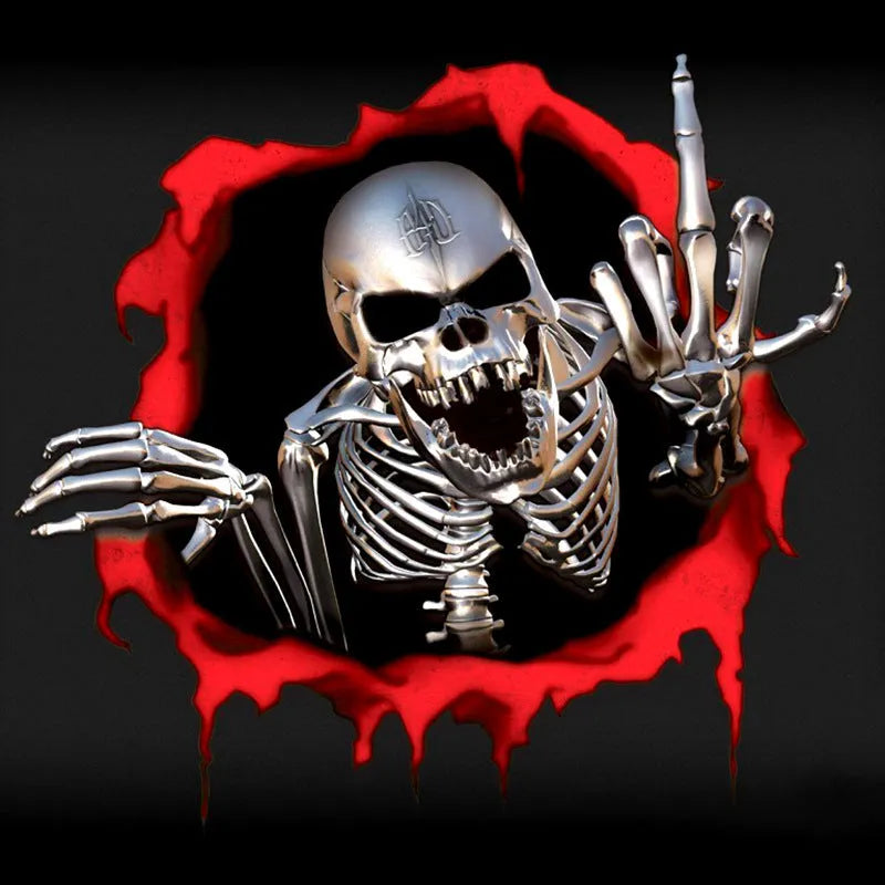 Reflective metal skull car bumper sticker with colourful broken shell design measuring 15x14cm