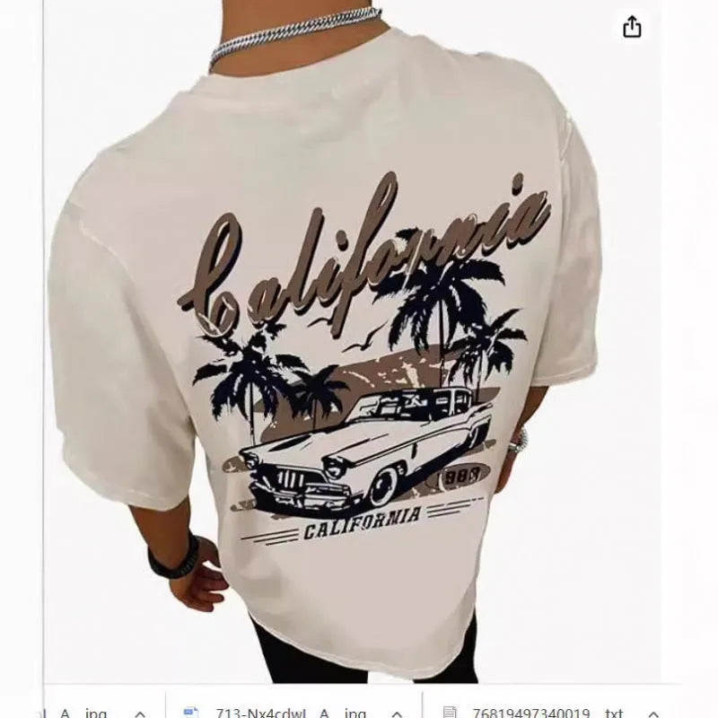 Men's grey printed short sleeve street T-shirt on a hanger showing digital graphic design.