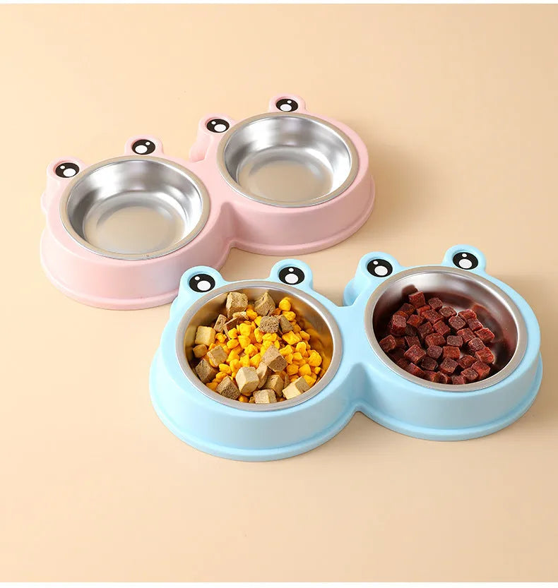 Stainless steel double pet bowl set with frog-shaped non-skid base in blue colour