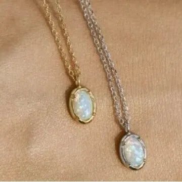 Geometric S925 silver plated pendant necklace with oval jelly opal stone in gold tone setting