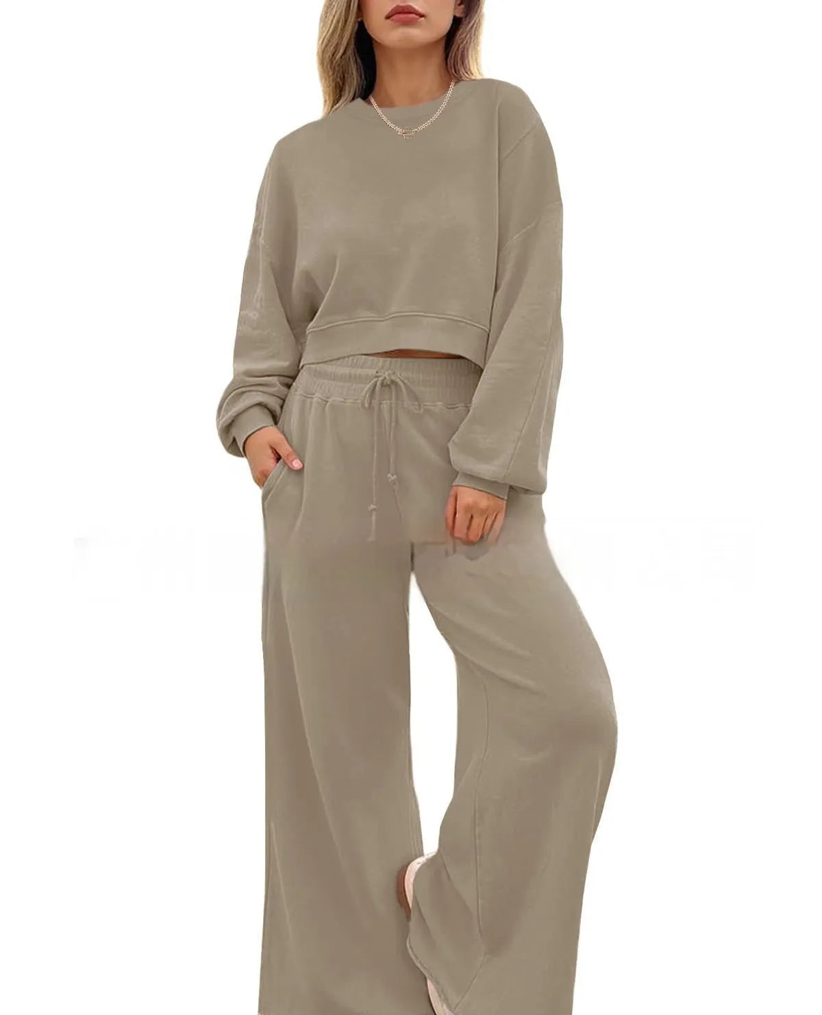 Women's solid colour polyester long sleeve top and trouser two-piece set in street hipster style.