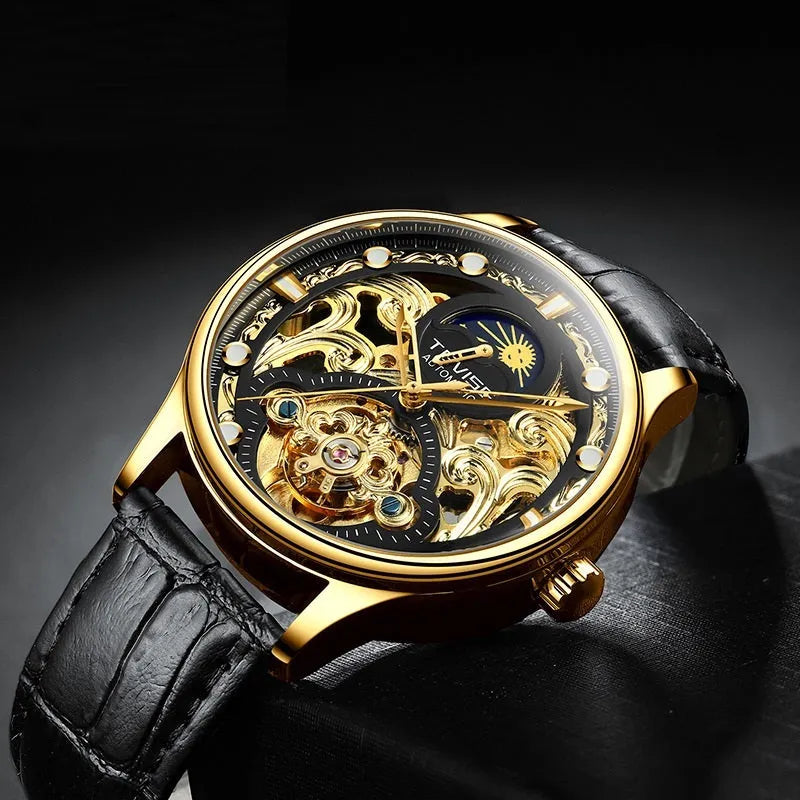Men's gold leather strap automatic mechanical watch with business design and waterproof case
