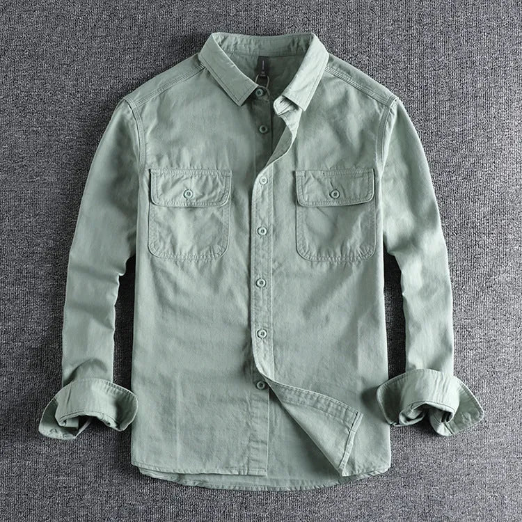 Men's loose fit long sleeve cardigan-style shirt in light grey, made from polyester fibre.